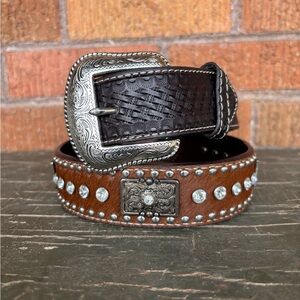 Western Genuine Leather Hair Brown Studded Rhinestone Belt Size 32 Cowboy Rodeo